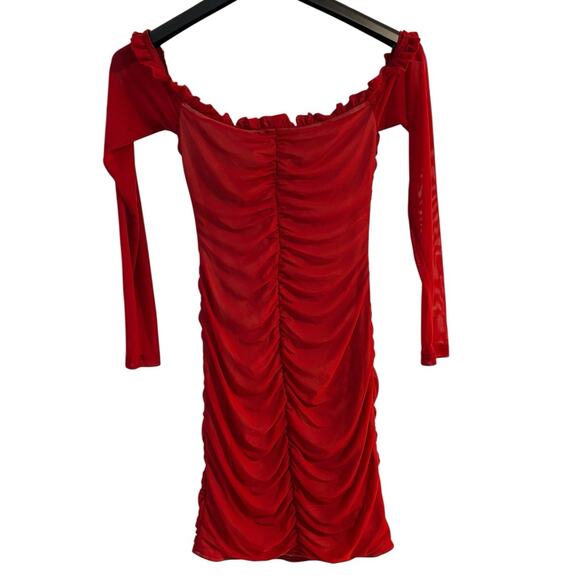 Cotton Candy Ruched Mesh Off Shoulder Corset Lace-Up Long Sleeve Dress Red Small - Picture 3 of 6